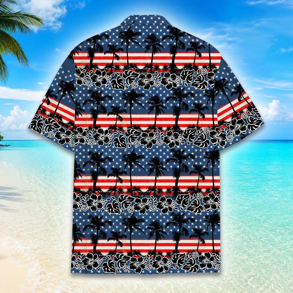 Patriotic tropical hawaiian shirt, detailed back view