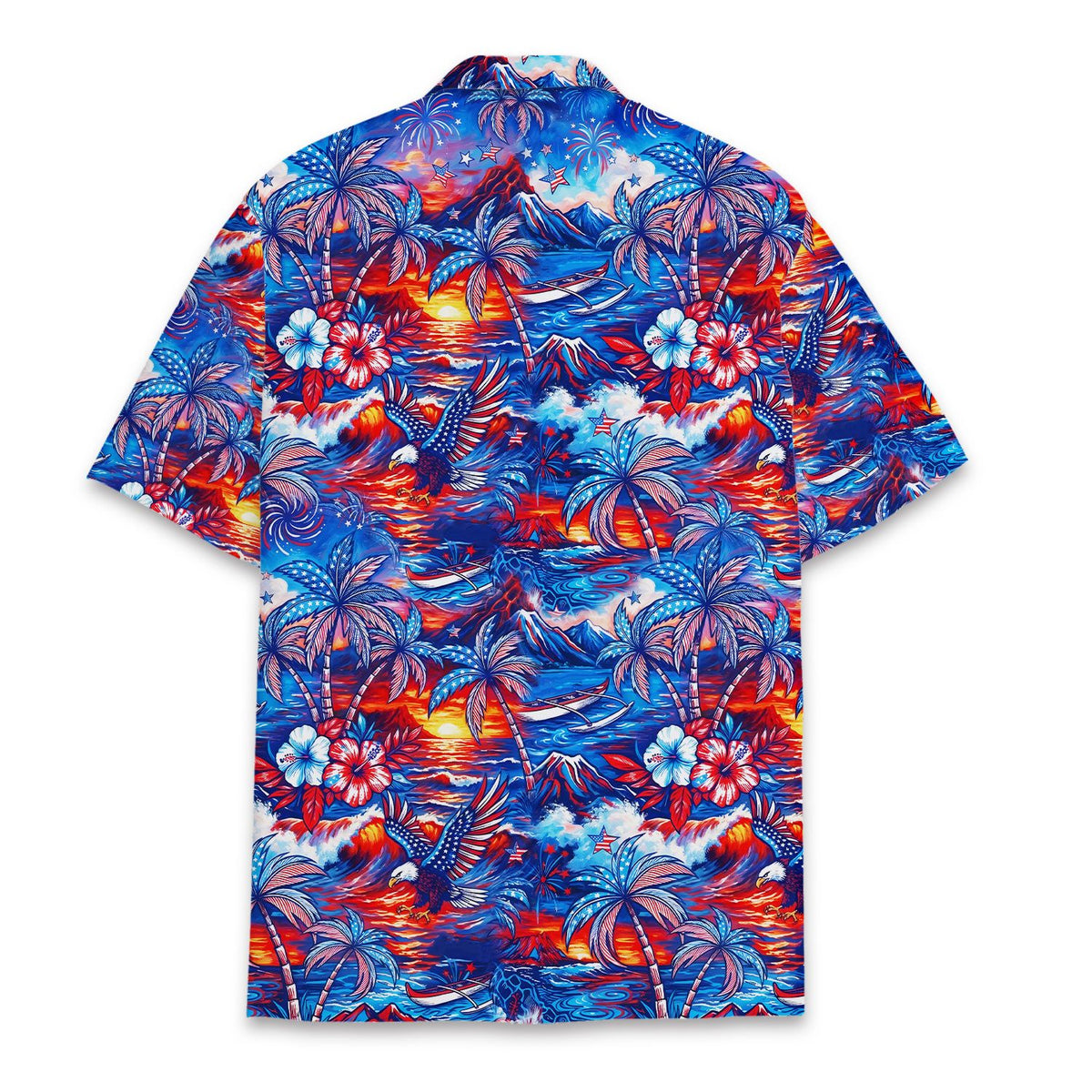 Back view of the matching family hawaiian shirt with tropical and patriotic design