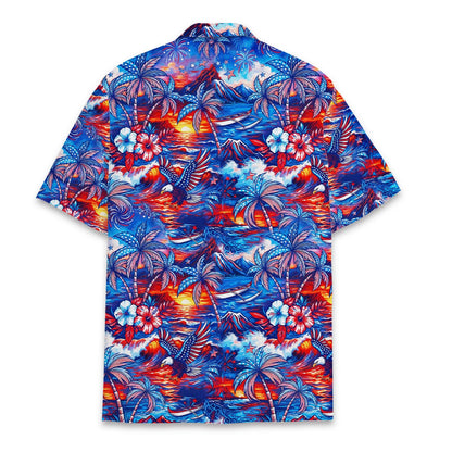 Back view of the matching family hawaiian shirt with tropical and patriotic design