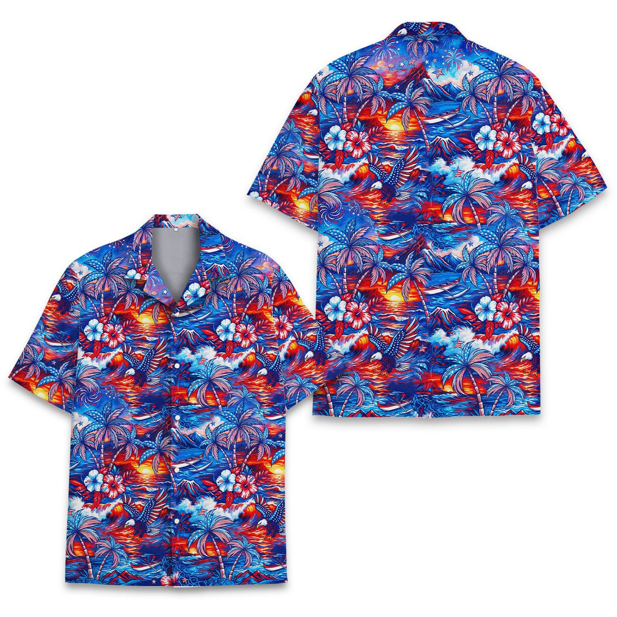 Front view of the patriotic tropical hawaiian shirt in red, white, and blue