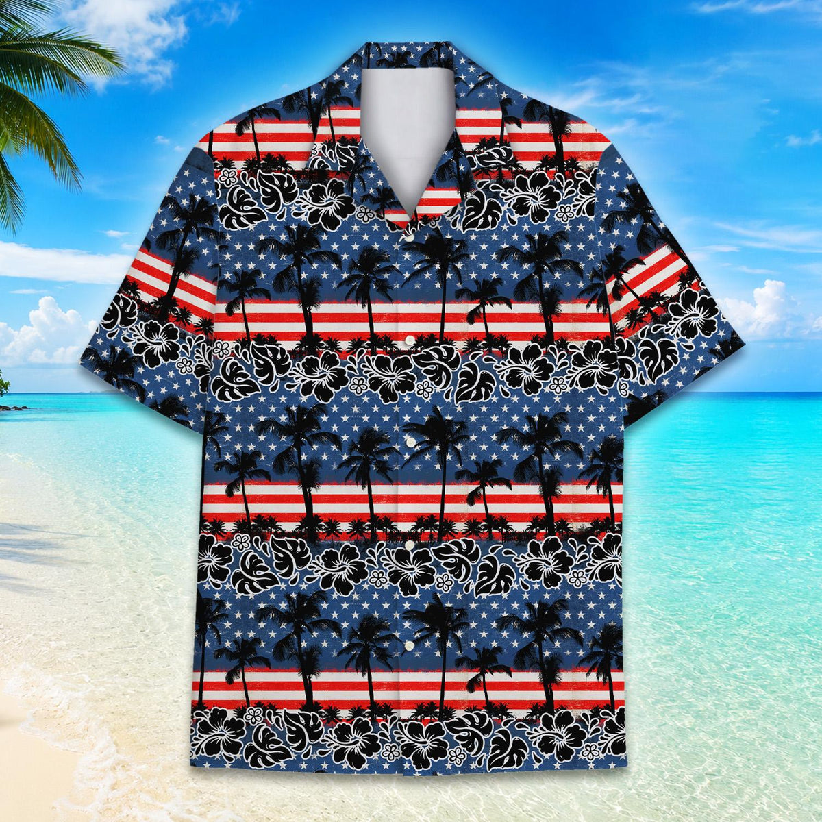 Patriotic tropical hawaiian shirt, front view