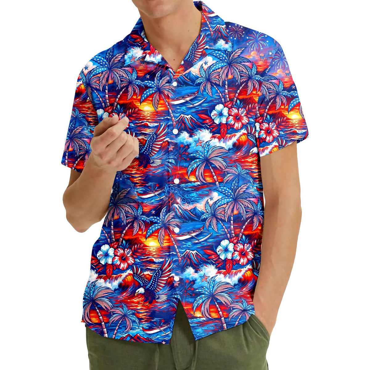 Second lifestyle view showcasing the festive fourth of july hawaiian shirt on a person