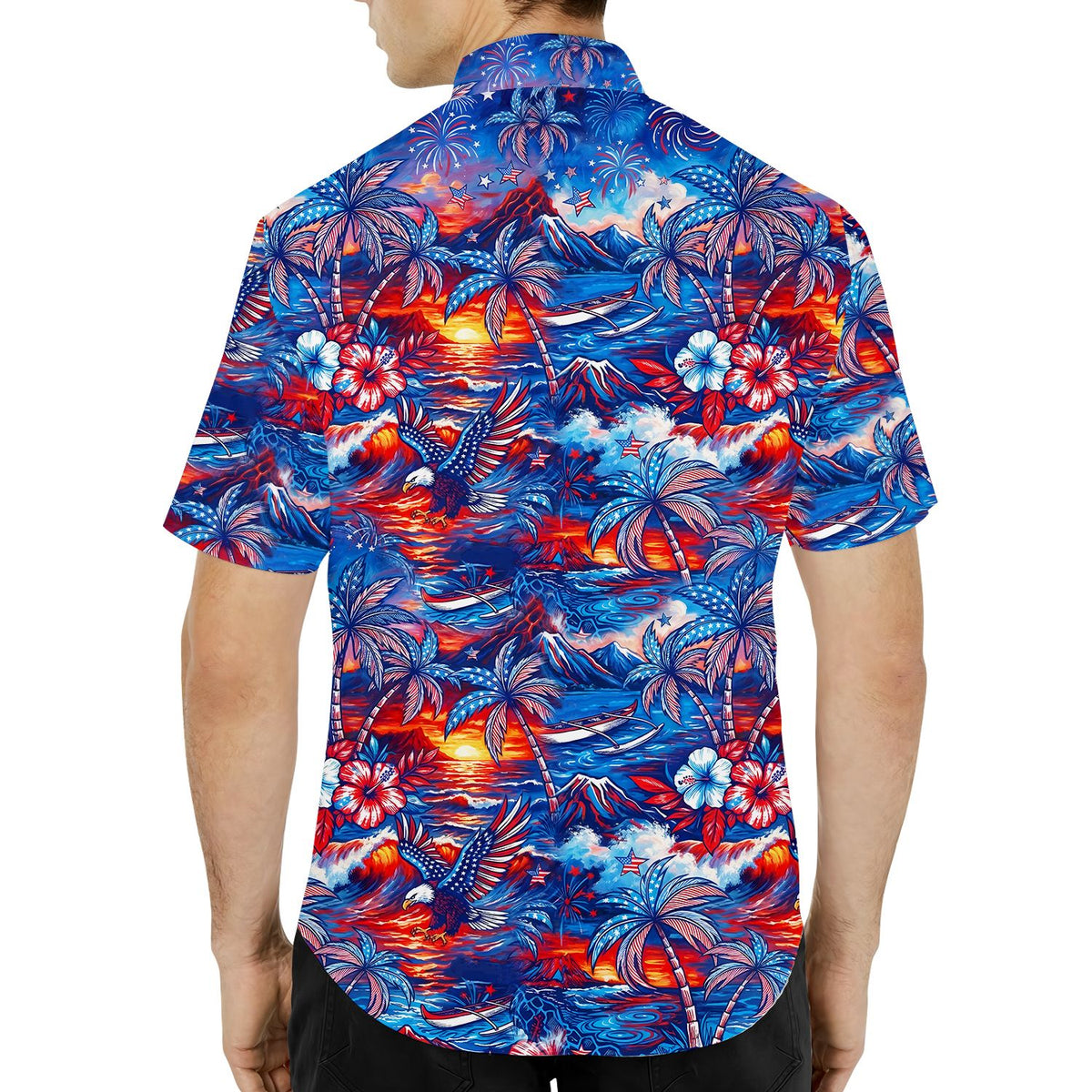 Third lifestyle view highlighting the vibrant red, white, and blue tropical pattern