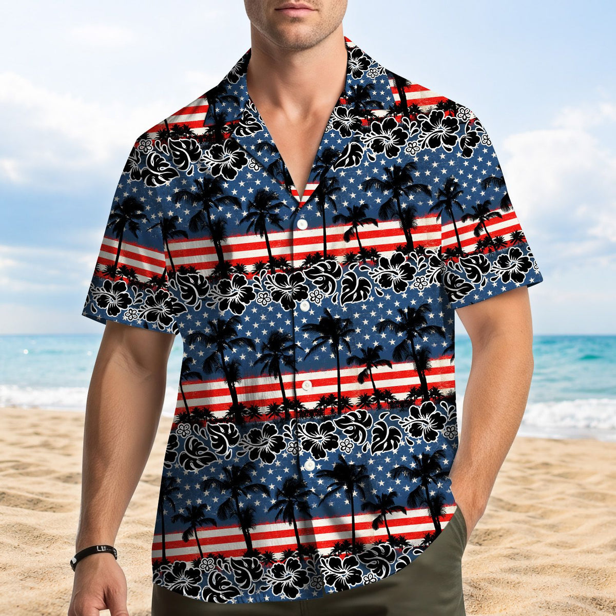 People wearing the patriotic tropical hawaiian shirt outdoors
