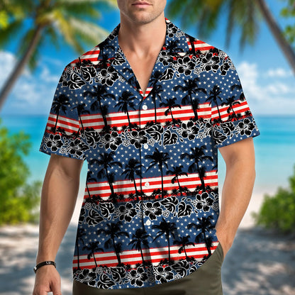 Group wearing the matching family hawaiian shirts for Fourth of July