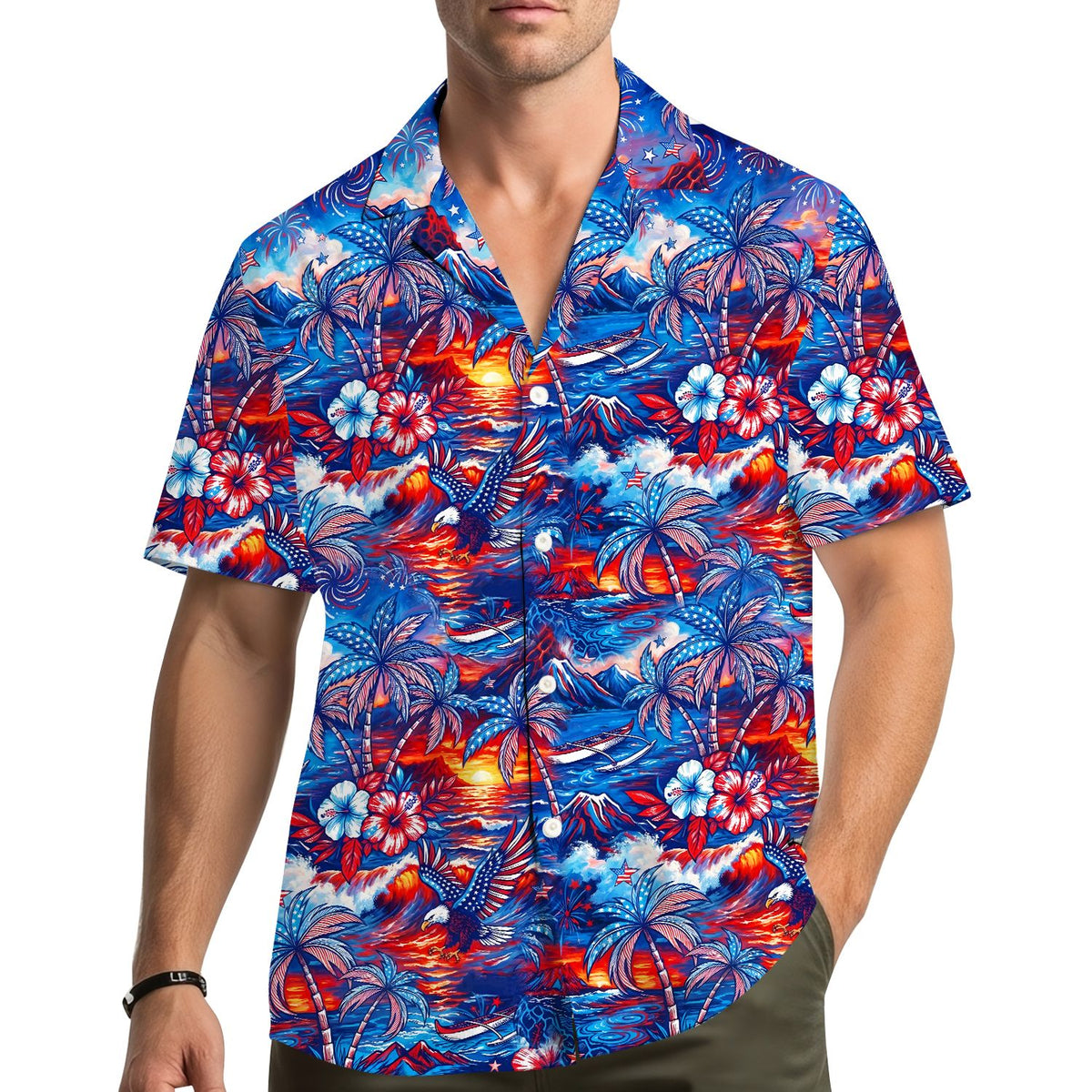 Lifestyle view of a family wearing matching patriotic tropical hawaiian shirts outdoors