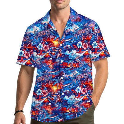 Lifestyle view of a family wearing matching patriotic tropical hawaiian shirts outdoors