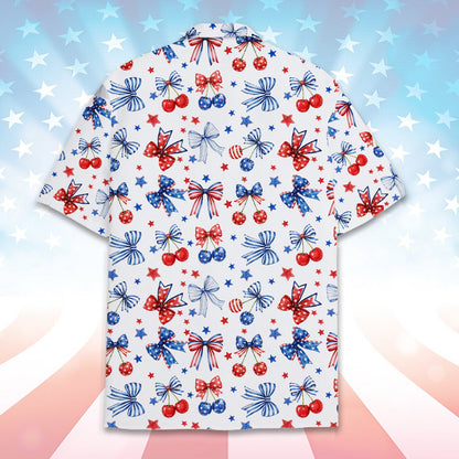 Patriotic hawaiian shirt featuring bows and cherries on a white background, back detail view