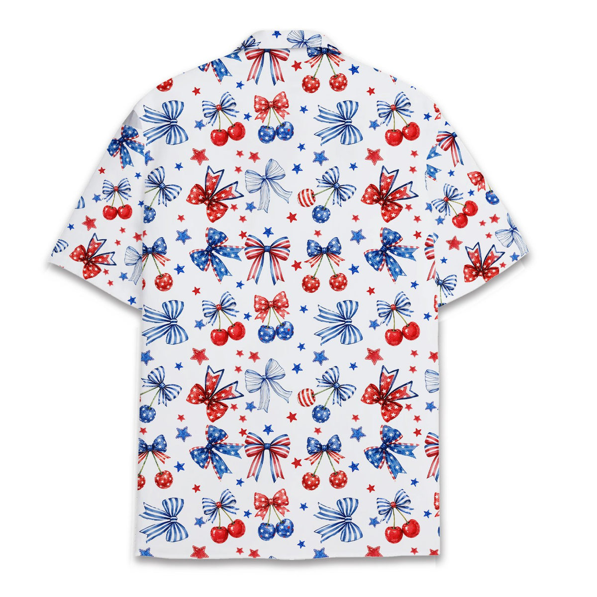 Patriotic hawaiian shirt featuring bows and cherries on a white background, back view
