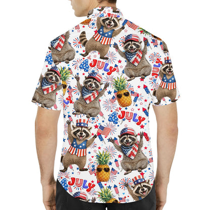 Back view of the patriotic hawaiian shirt with raccoon print