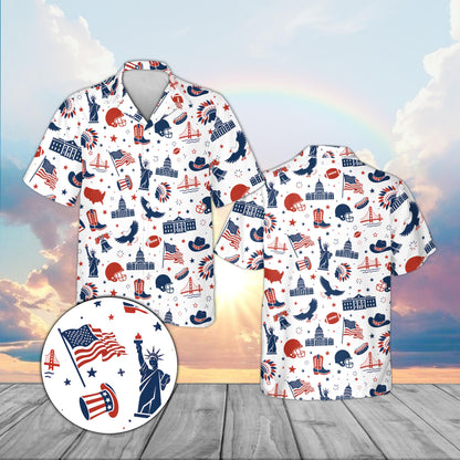 Matching family hawaiian shirts in white with patriotic American icons, front view