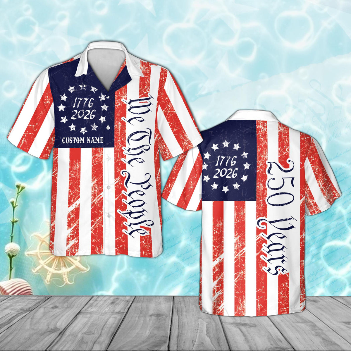 Custom name and number hawaiian shirt, front view in white