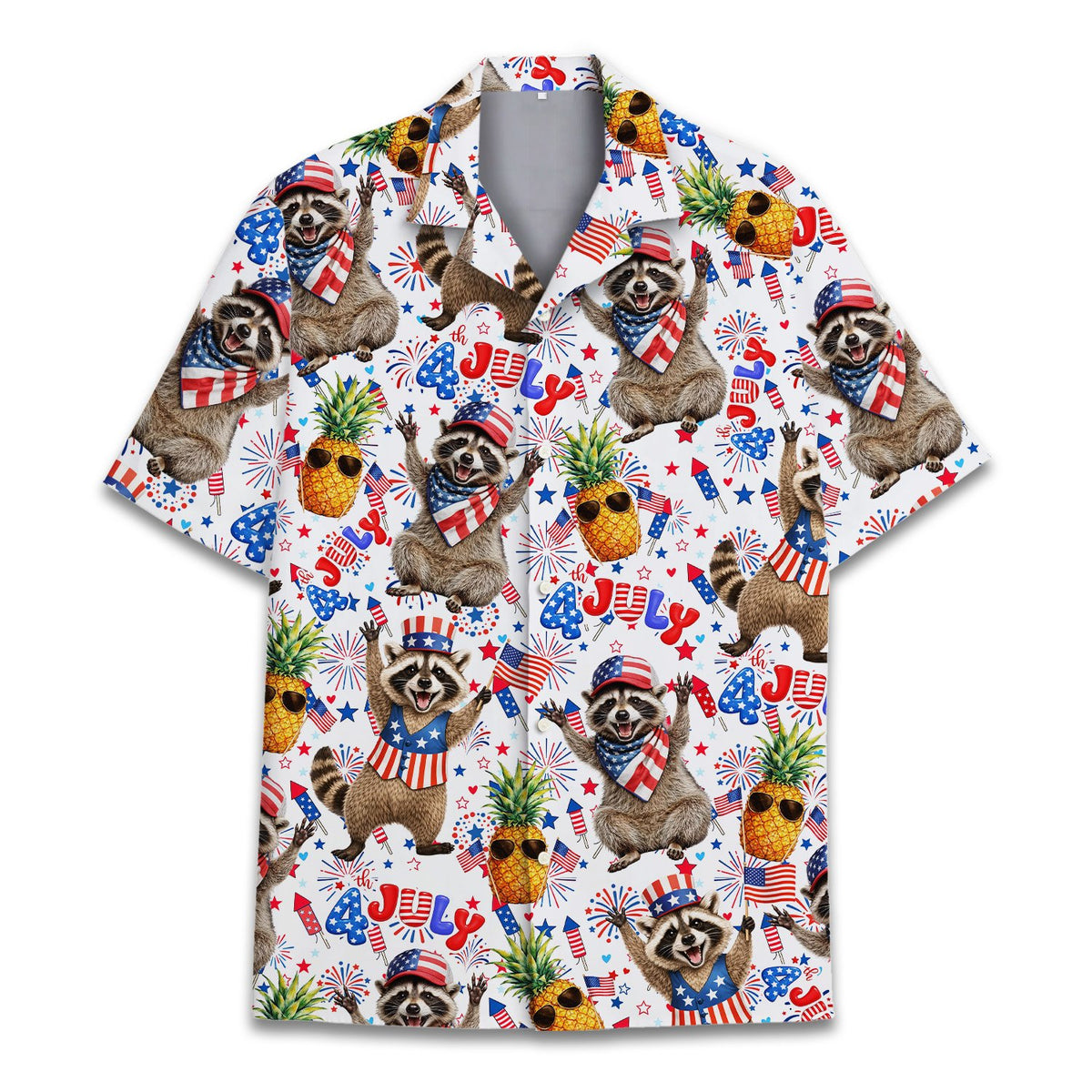 Close up front view of the patriotic raccoon hawaiian shirt