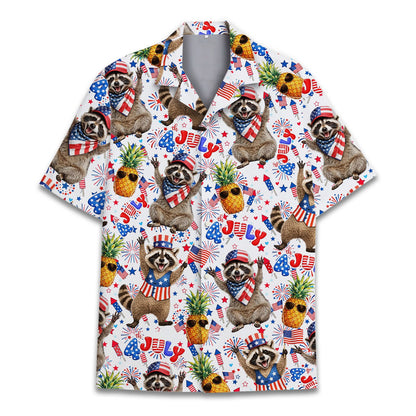 Close up front view of the patriotic raccoon hawaiian shirt