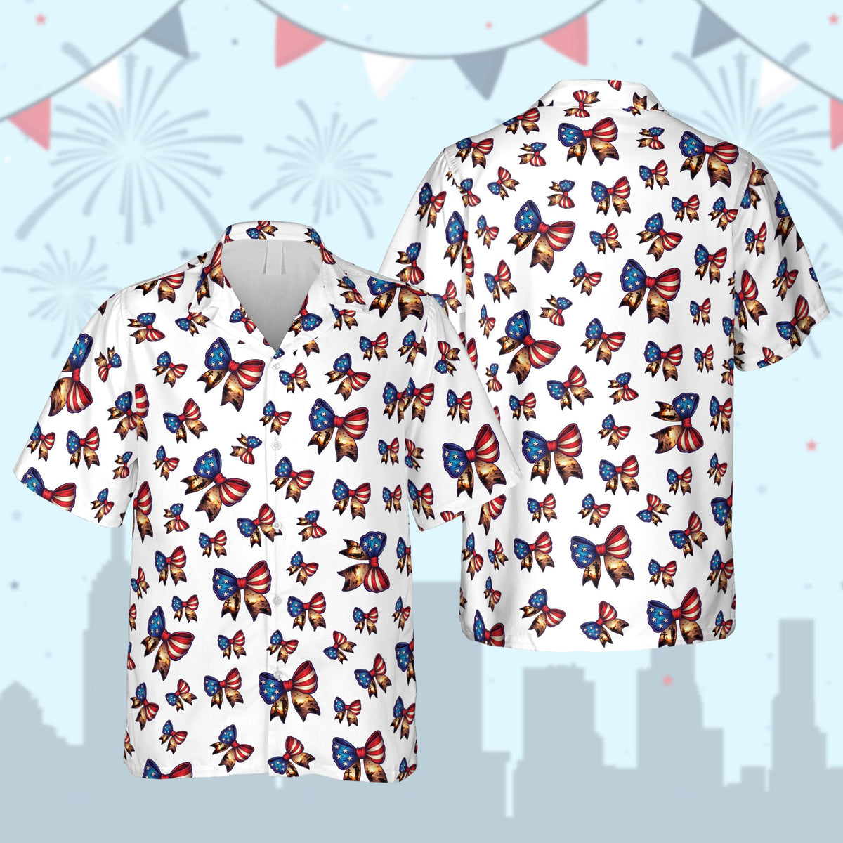Matching family hawaiian shirt featuring patriotic stars and stripes bows on a white background
