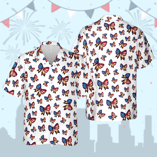 Matching family hawaiian shirt featuring patriotic stars and stripes bows on a white background