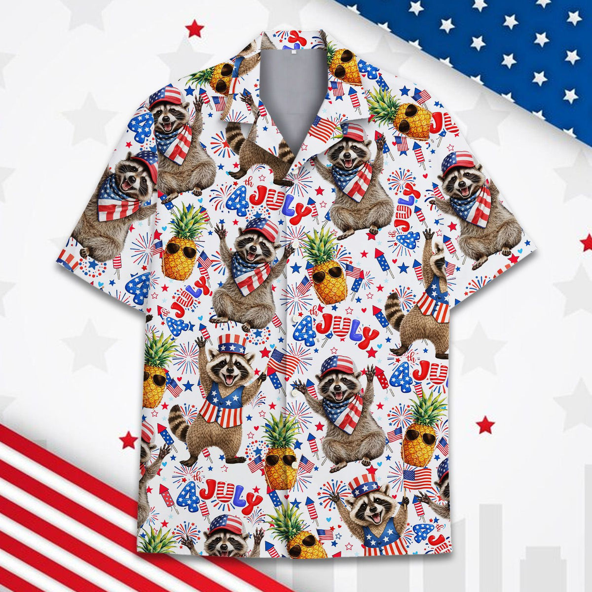 Angled front view of the patriotic raccoon fourth of july hawaiian shirt