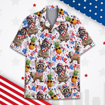 Angled front view of the patriotic raccoon fourth of july hawaiian shirt