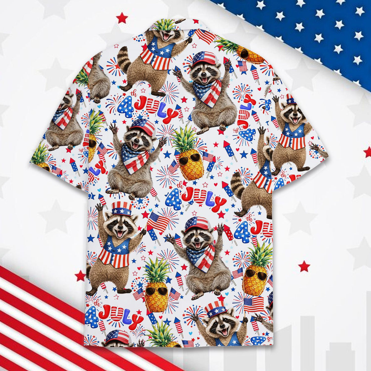 Detailed front print view of the patriotic hawaiian shirt