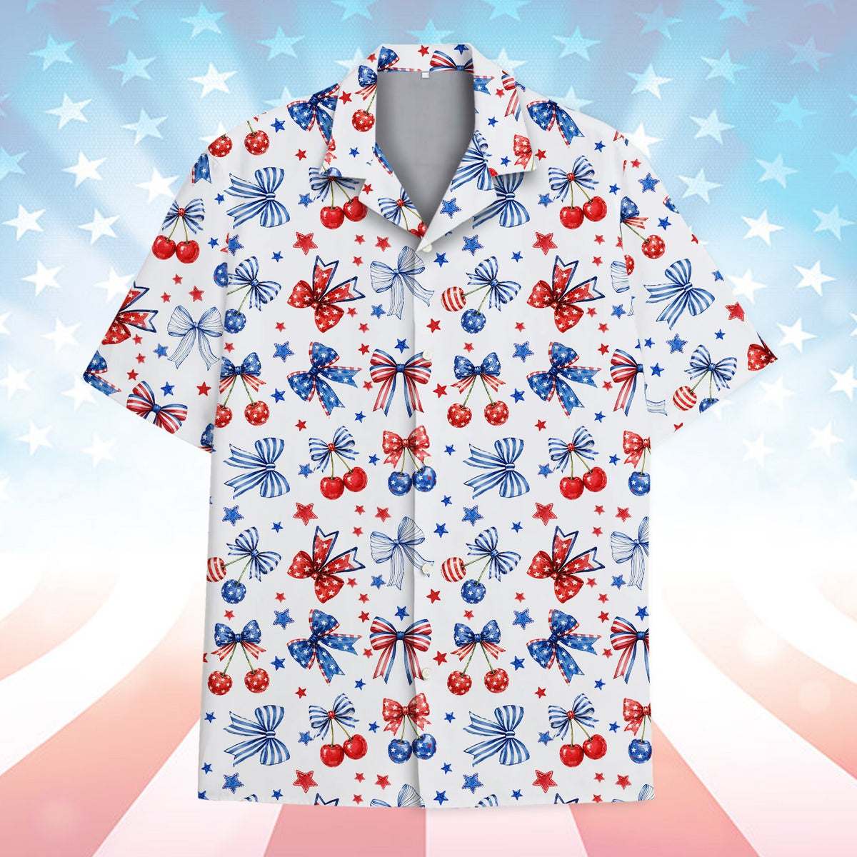 Patriotic hawaiian shirt featuring bows and cherries on a white background, front view