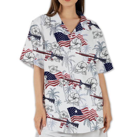 White patriotic hawaiian shirt with American flags and tropical print, main view