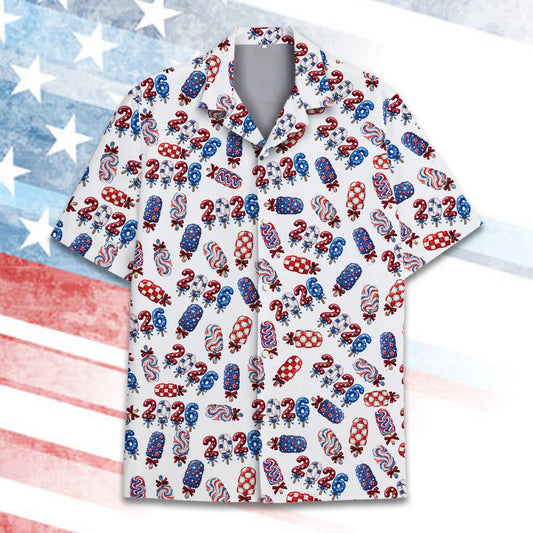 White patriotic hawaiian shirt with red and blue popsicle print, main front view