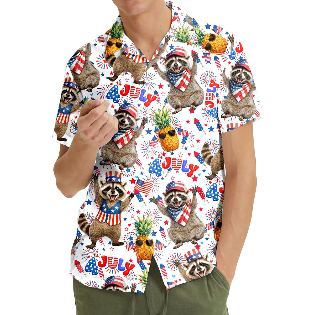 Patriotic hawaiian shirt featuring raccoons and fireworks on a white background