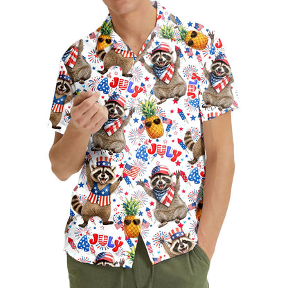 Patriotic hawaiian shirt featuring raccoons and fireworks on a white background