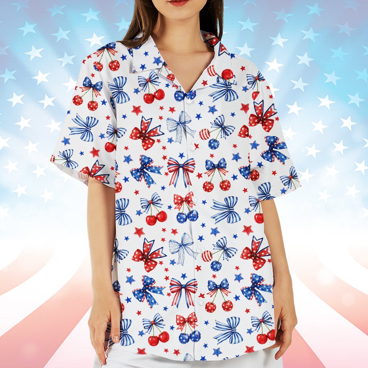 Family wearing matching patriotic hawaiian shirts with bows and cherries, lifestyle view