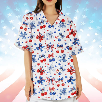 Family wearing matching patriotic hawaiian shirts with bows and cherries, lifestyle view