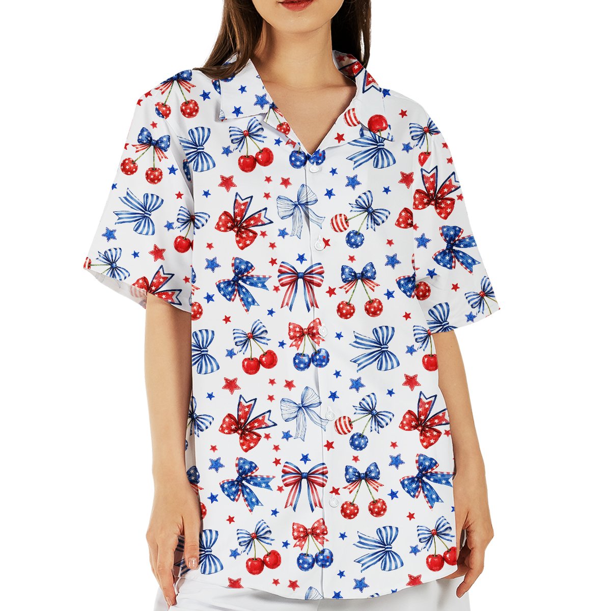 Person wearing the patriotic hawaiian shirt with bows and cherries, lifestyle view