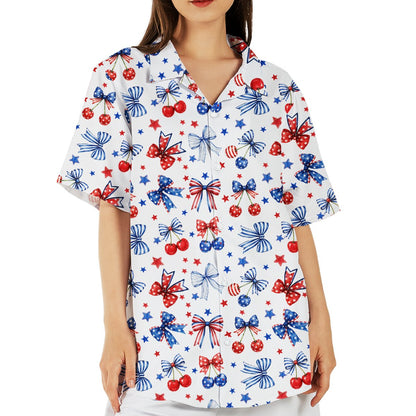Person wearing the patriotic hawaiian shirt with bows and cherries, lifestyle view