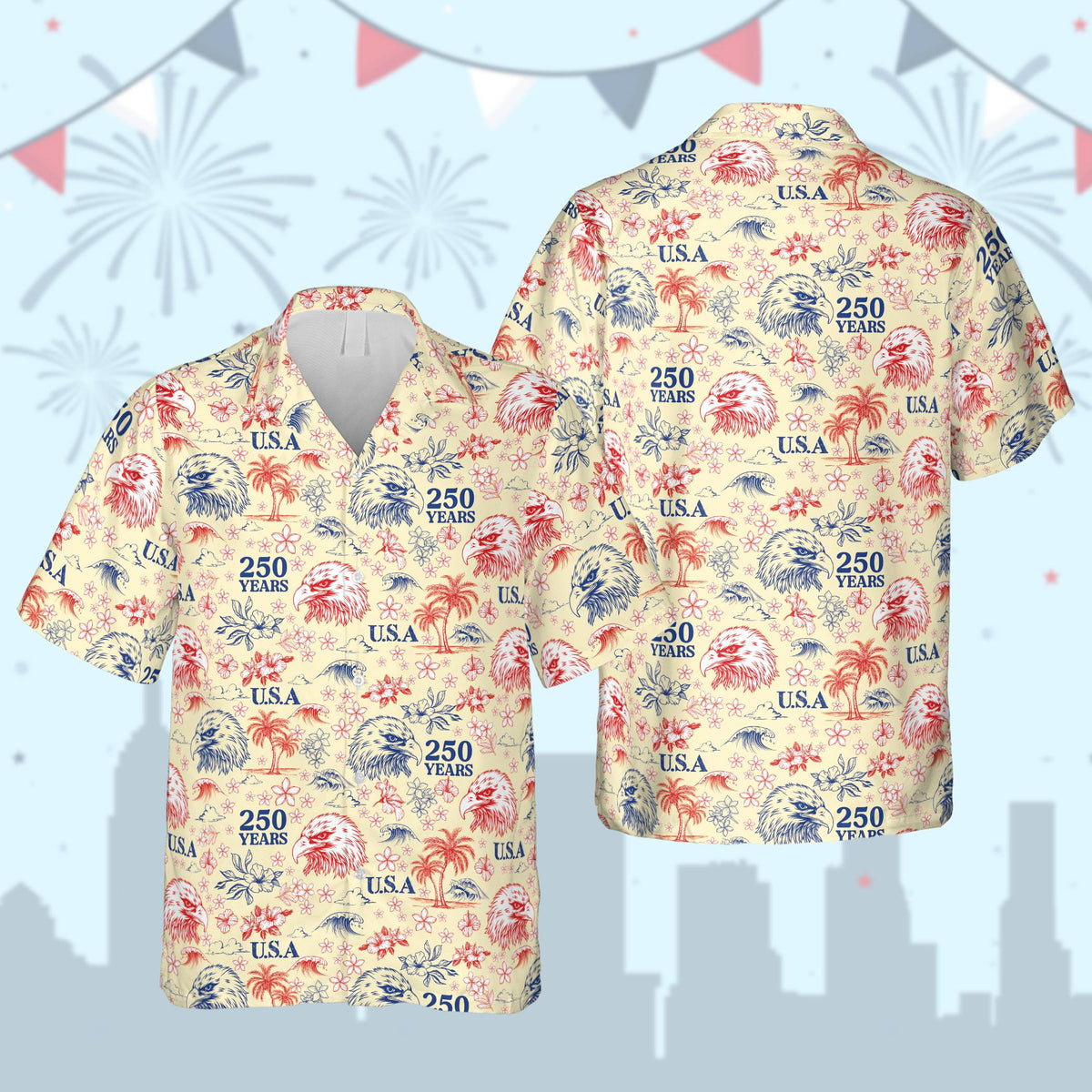 Patriotic hawaiian shirt with bald eagles on a yellow background, front view
