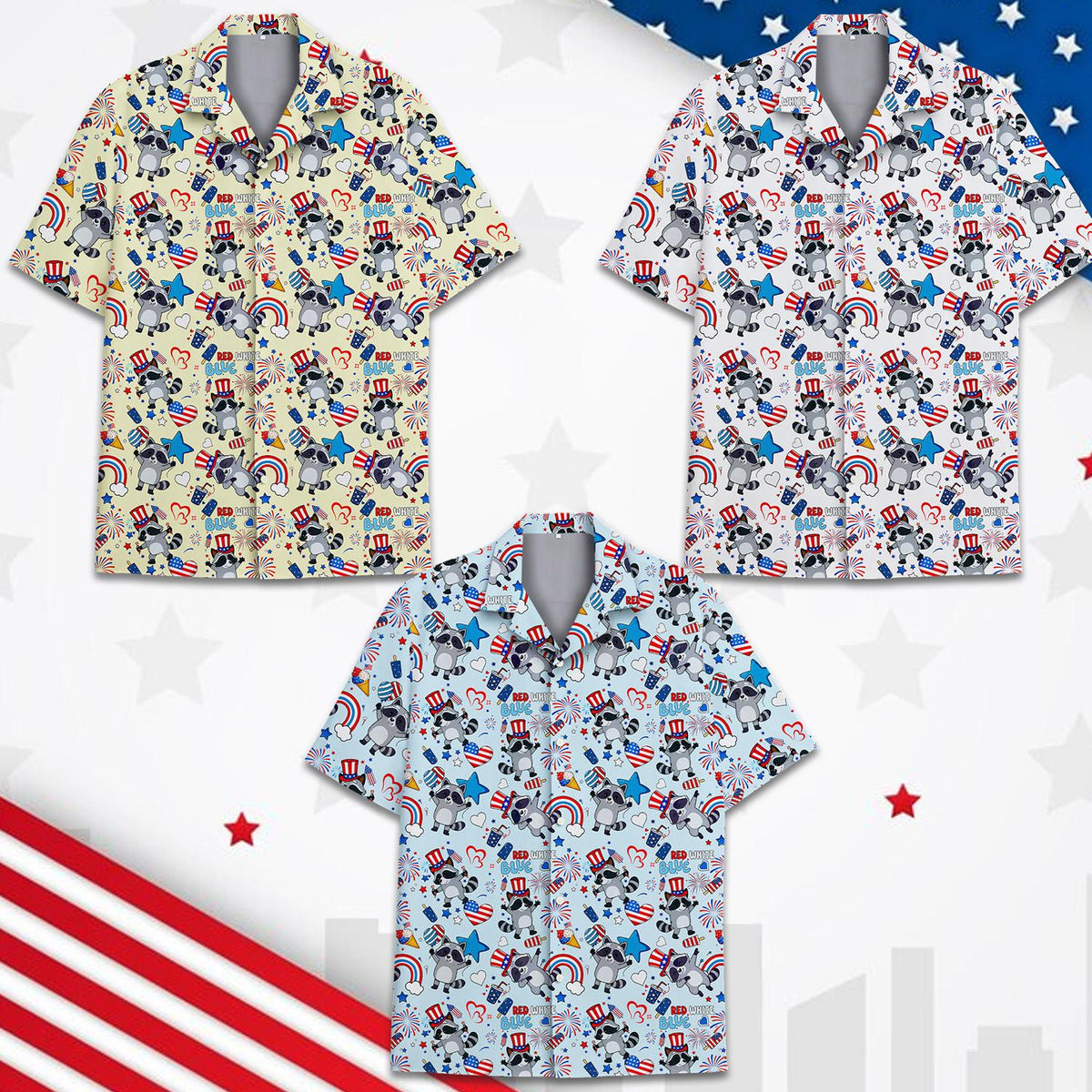 Matching family hawaiian shirt with patriotic raccoon and fireworks design, yellow tone
