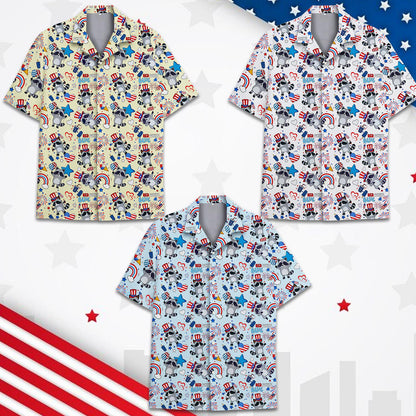 Matching family hawaiian shirt with patriotic raccoon and fireworks design, yellow tone
