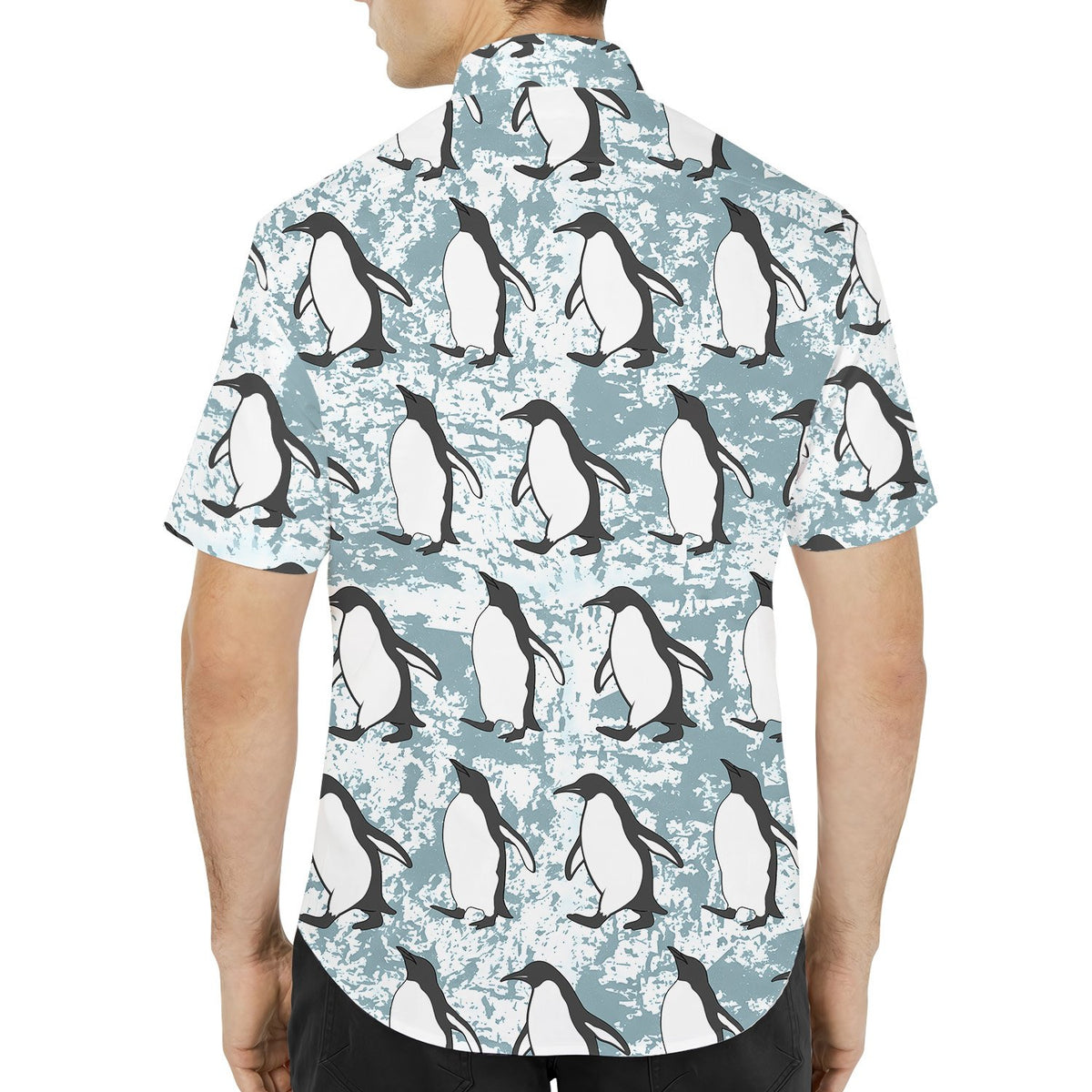 Back view of the winter penguin matching family hawaiian shirt