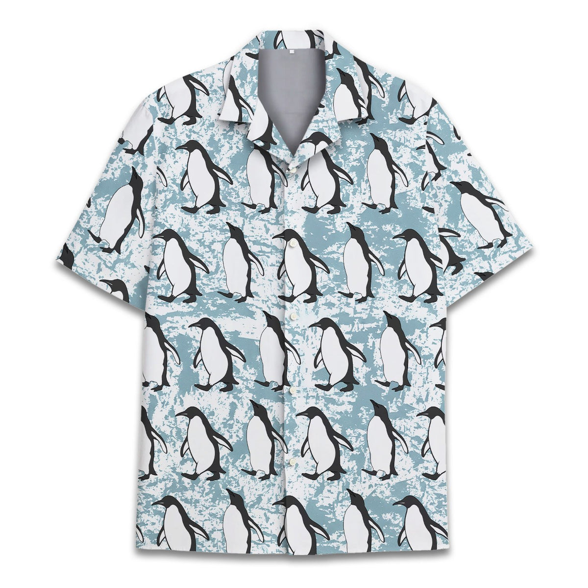 Close up front view of the light blue matching family hawaiian shirt