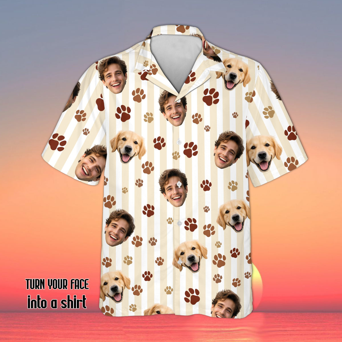 Personalized photo hawaiian shirt with custom name and number, featuring smiling man and dog faces, main view