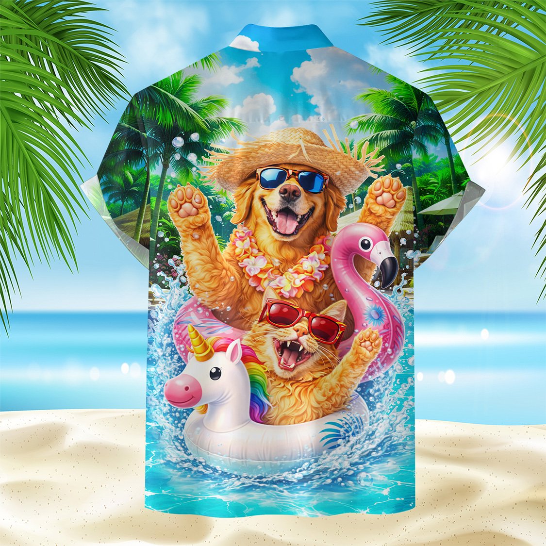 Back view of matching family hawaiian shirts showing tropical pattern