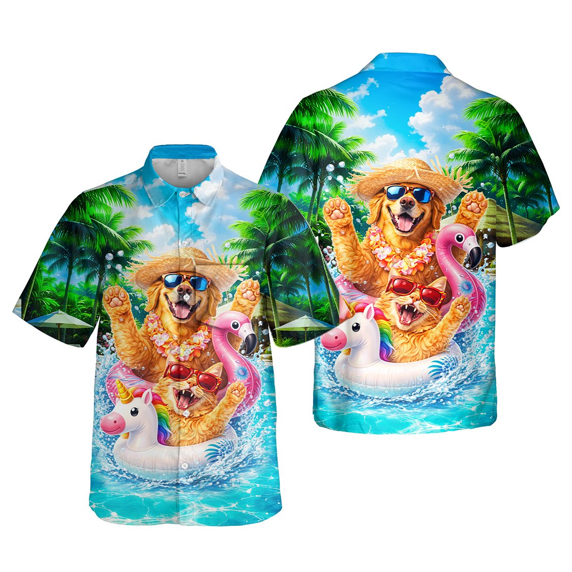 Alternate front view of matching family hawaiian shirts with golden retriever and cat print