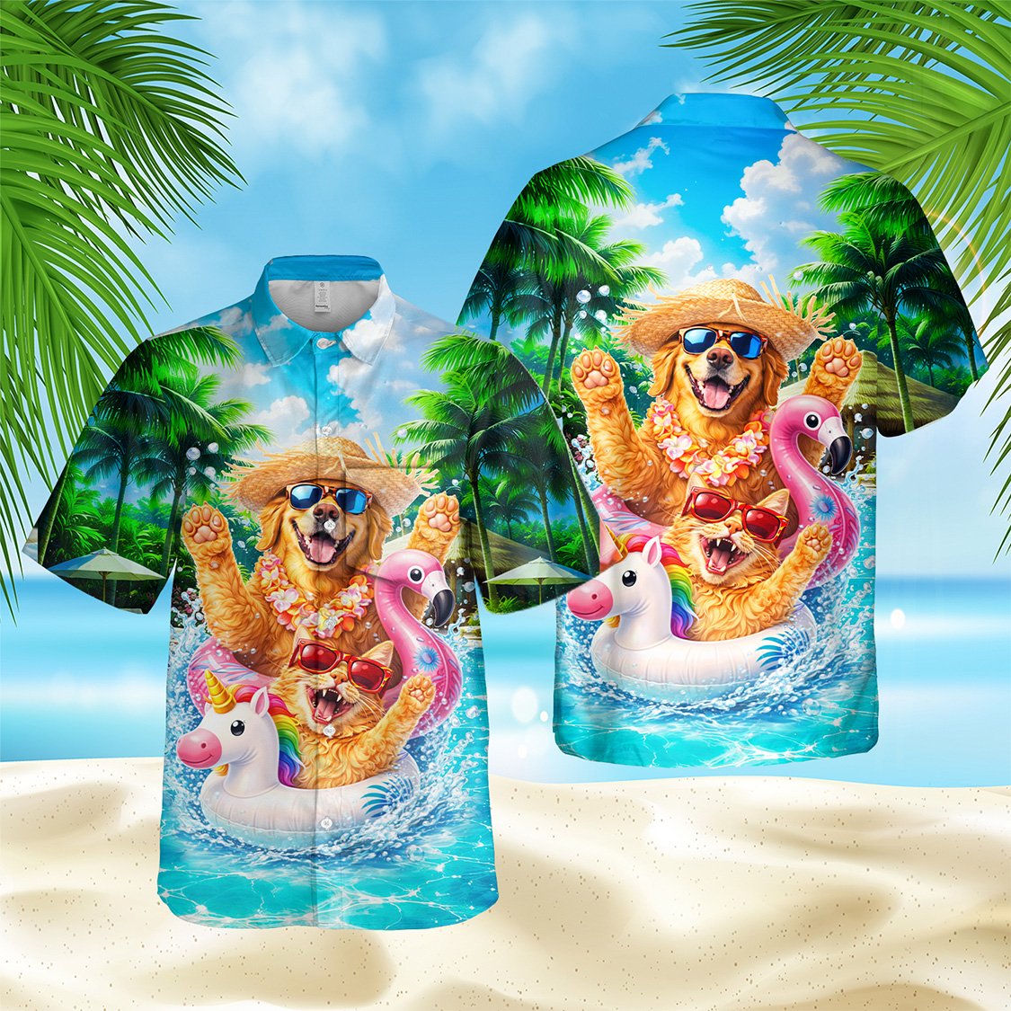 Detailed front view of matching family hawaiian shirts with palm trees and pool floats