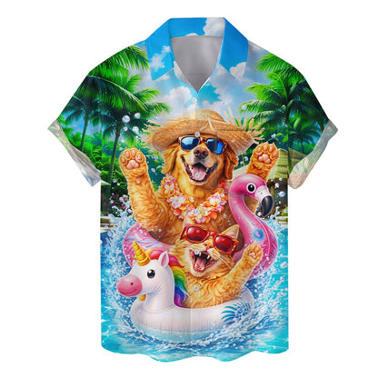 Front view of matching family hawaiian shirts featuring a tropical summer print with pets in a pool
