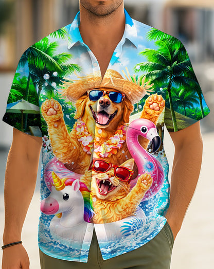 Lifestyle view of a person wearing the matching family hawaiian shirts