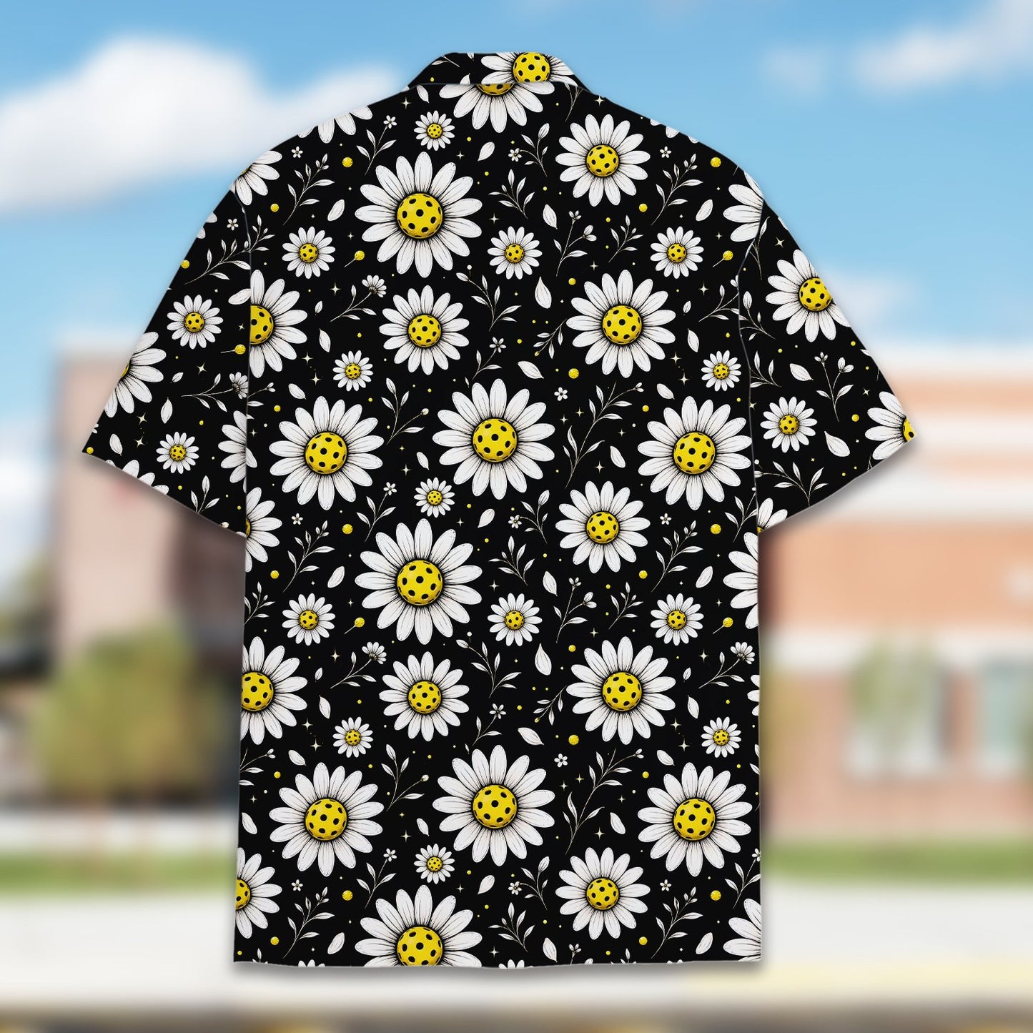 Additional back view of the black pickleball hawaiian shirt