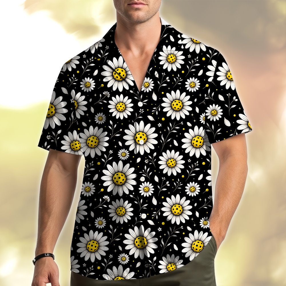 Back view of the matching family hawaiian shirt with pickleball daisy pattern