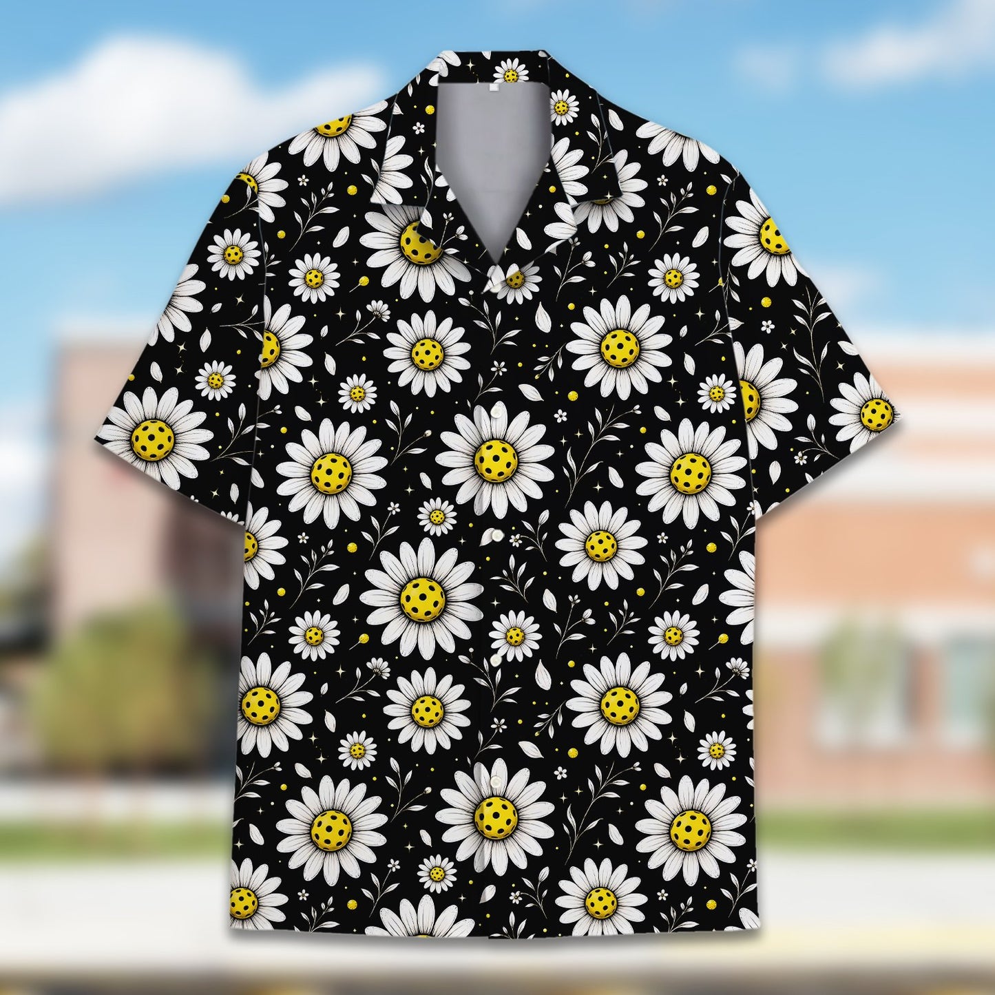Main view of the black pickleball hawaiian shirt with floral daisy design