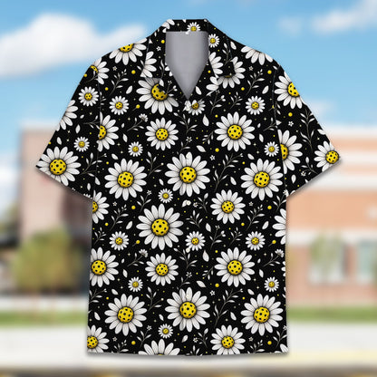 Main view of the black pickleball hawaiian shirt with floral daisy design
