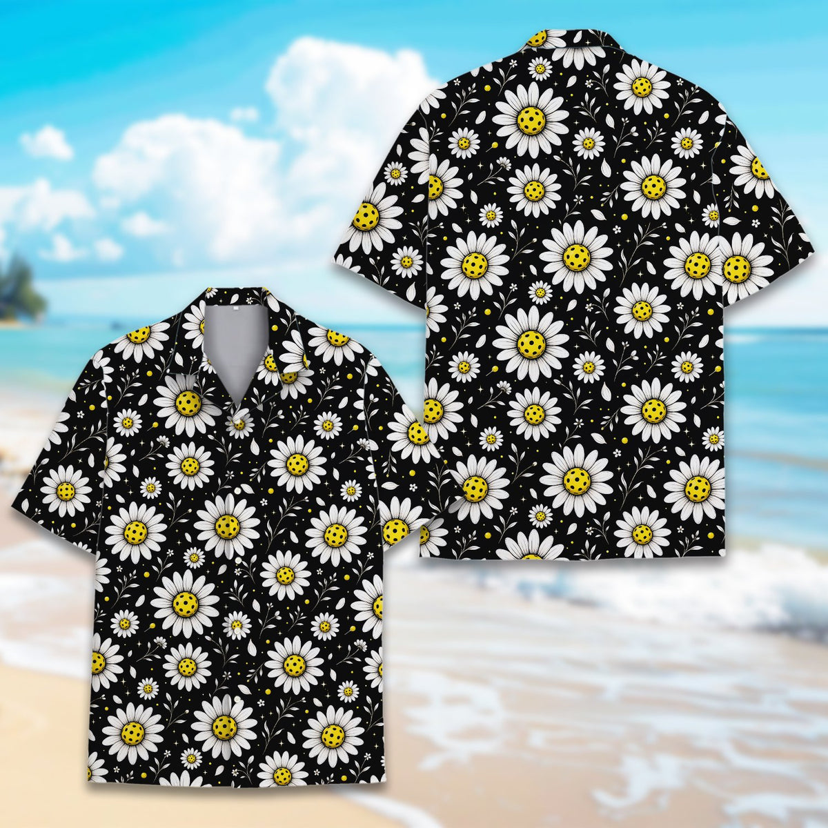 Lifestyle view of the family hawaiian shirts with pickleball daisies