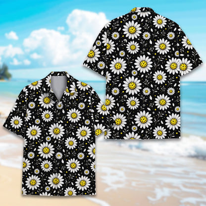 Lifestyle view of the family hawaiian shirts with pickleball daisies