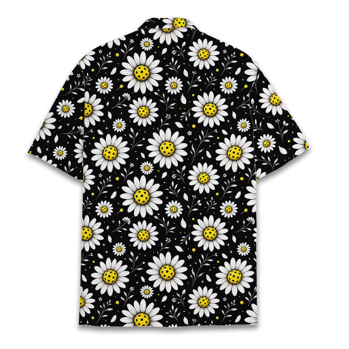 Detail view of the daisy and pickleball pattern on the hawaiian shirt